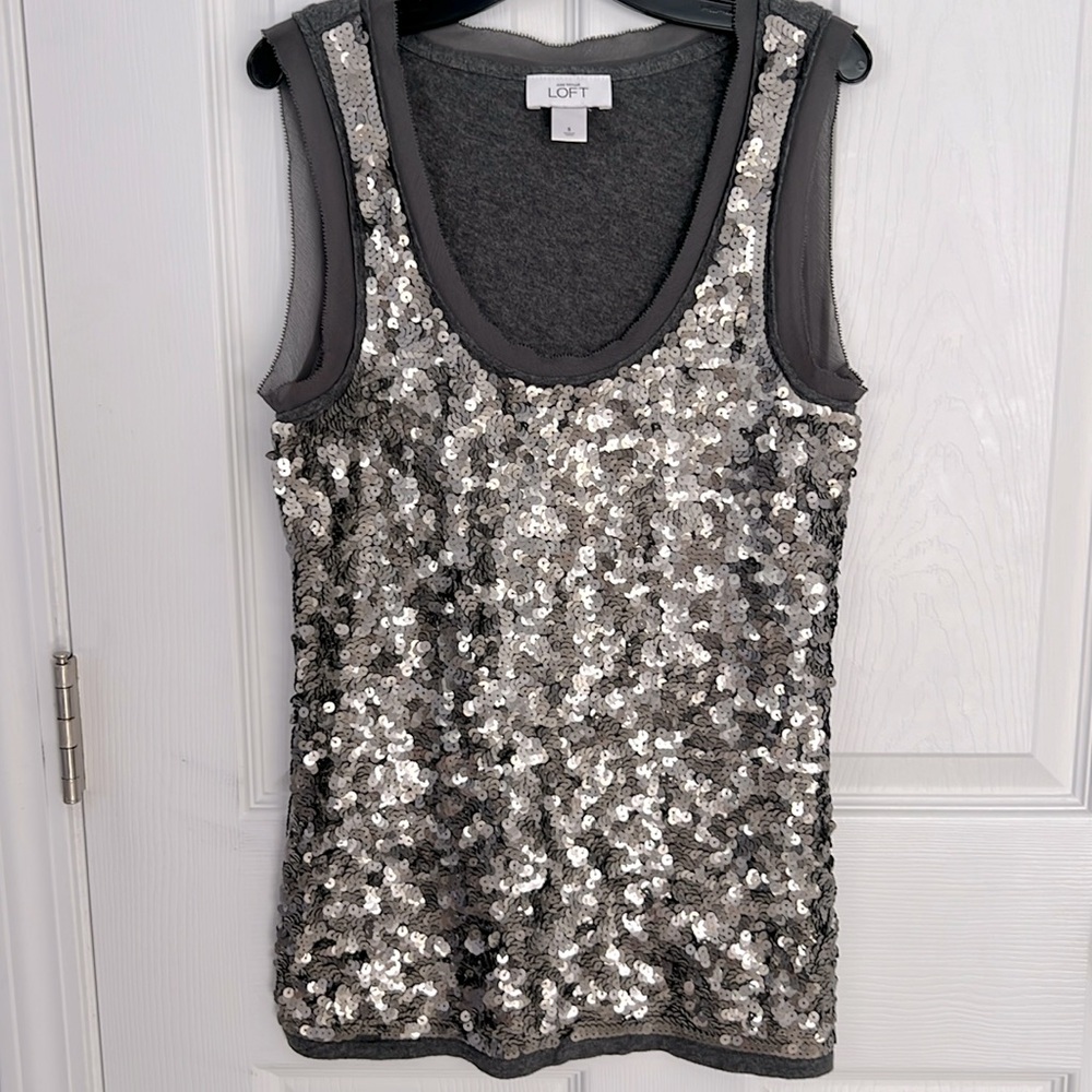 LOFT Silver Sequin Tank Top with Gray Trim